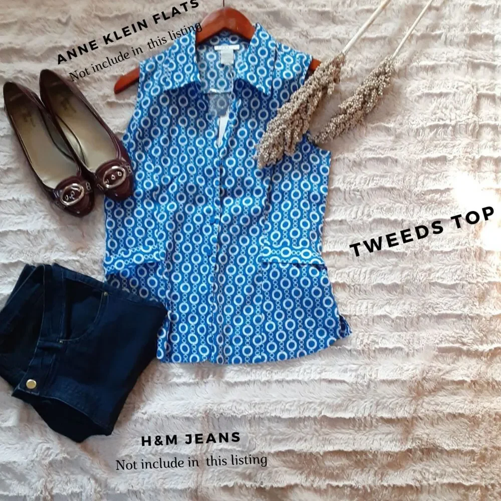 Tweeds 100% Linen Blue White Chain Link Pattern Print Size L Nautrical Resort